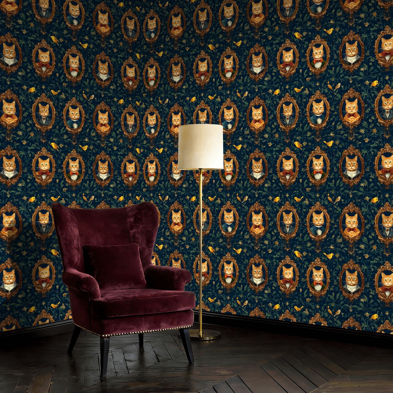 Peel and Stick Wallpaper Baroque Vintage Cat Portraits Floral Frames Bow Ties Wall Mural 23.6in x 9.8ft Self Adhesive Removable Wall Paper Renter Friendly Wallpaper for Nursery Bedroom Cabinets
