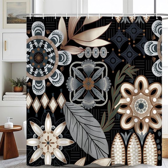 Boho Floral Shower Curtain Black and White Fabric Bath Curtain with Hooks for Bathroom 71x71 inches