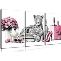 Framed Leopard Print Canvas Wall Hieng Picture Fashion Cheetah Printed Stylish Pink Books High Heels Perfume Poster Painting Preppy Girl Wall Decor for Living Room Women Bedroom