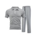 thumbnail image 4 of Cagogo Men Plus Size 2 Piece Outfits Collared Short Sleeve Top Elastic Waist Pants Solid Casual Tracksuit Summer Lounge Matching Set Vacation Travel, Gray 3XL, 4 of 7