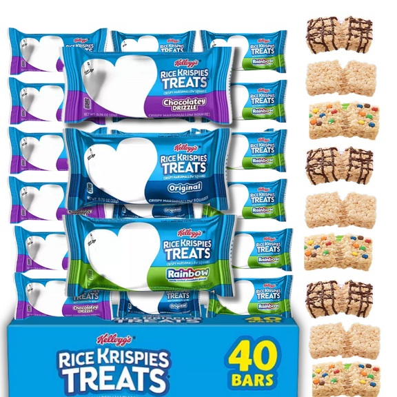 Marshmallow Rice Crispy Treats Variety Pack- 40ct Individually Wrapped Snack Chocolate Bars for Lunch Boxes, Office & Parties -Classic Crispies Rice Treat Squares Bulk Value Pack for Kids & Adults