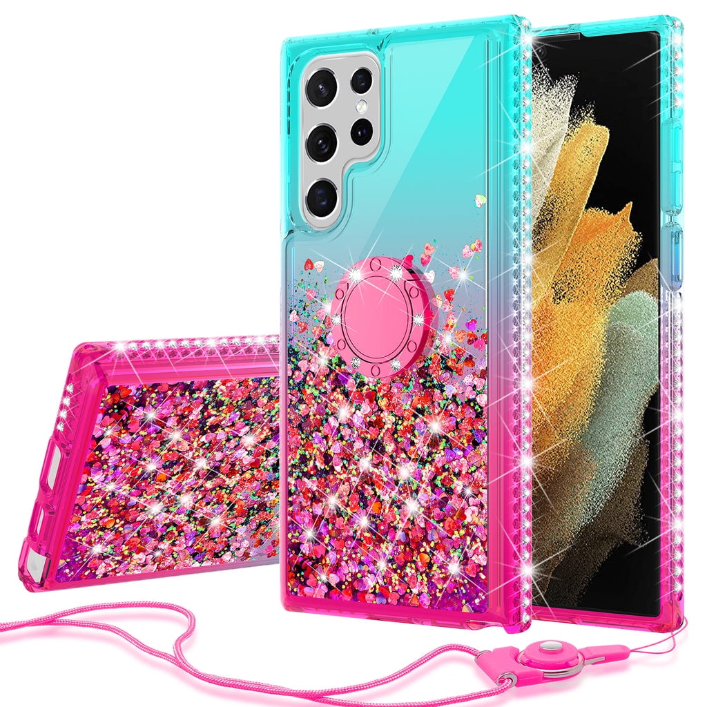 XiaYong S22Ultra for Samsung Galaxy S22 Ultra Case Fashion Square Box Women  Design Gold Bling Glitter Rose Flower Soft Trunk Cover with Ring Kickstand