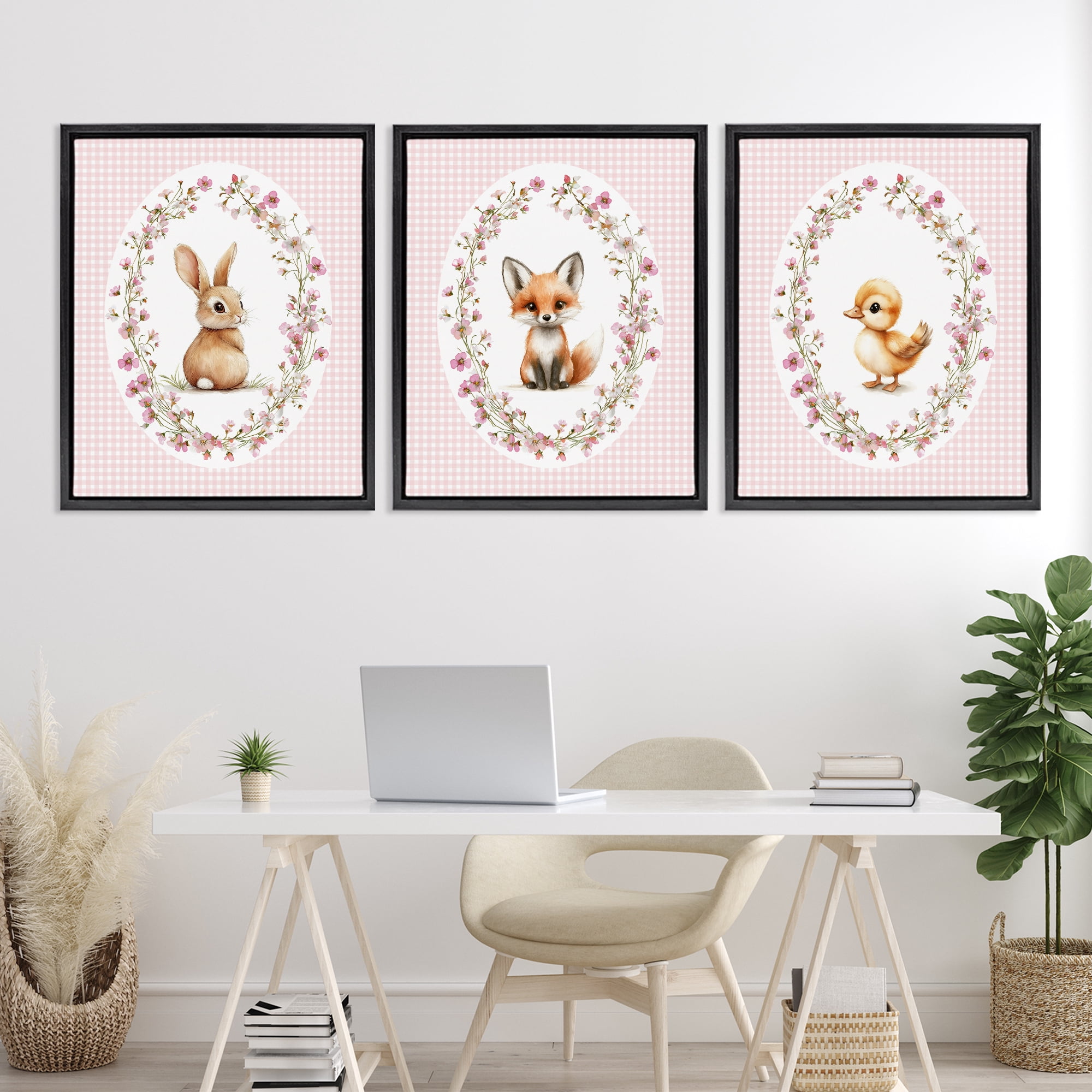 Stupell Industries Spring Gingham Animals 3 Piece Black Framed Floater Canvas Set, design by Christine Simpson Art