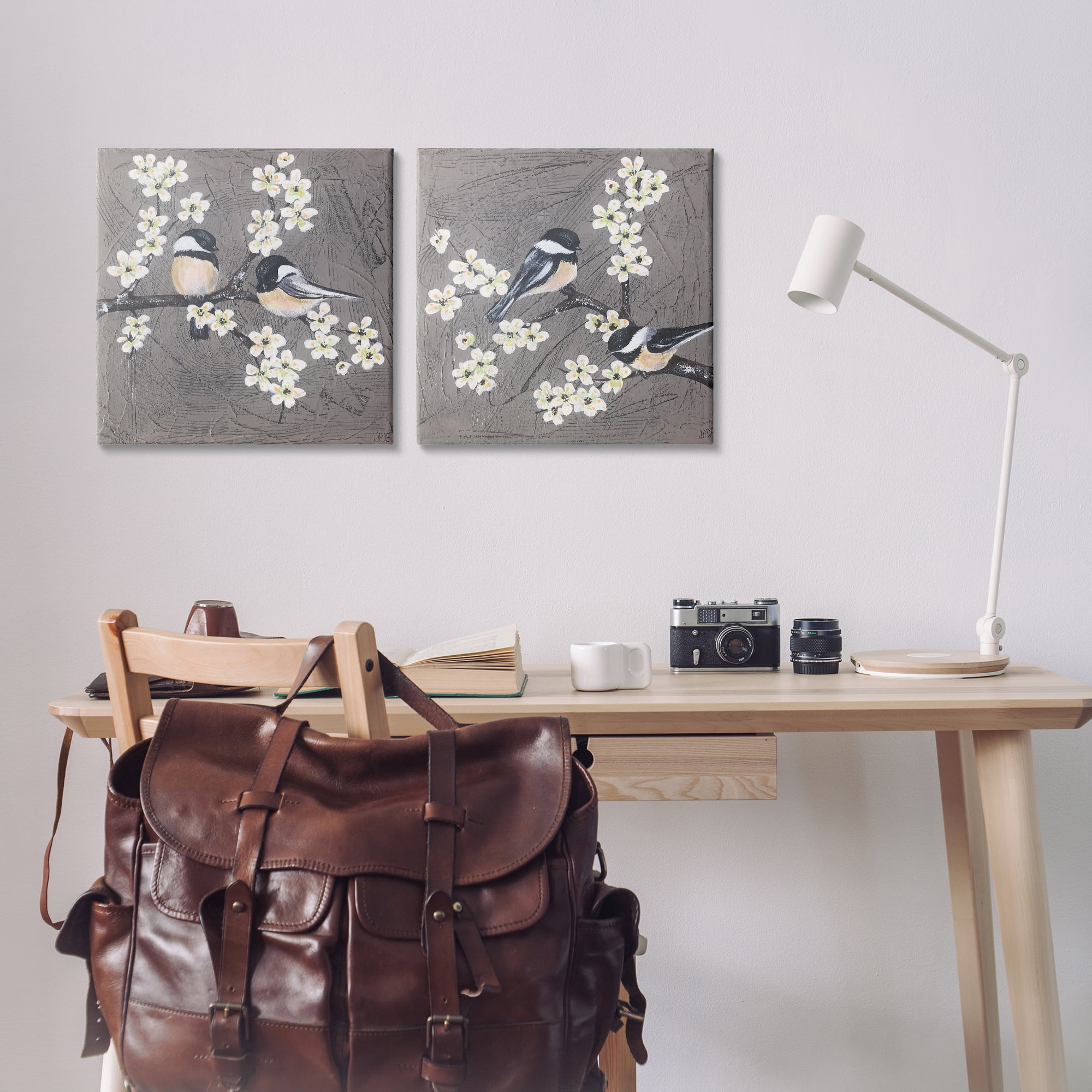 Stupell Industries Chickadee Birds Flowering Branch Animals Painting Wrapped Canvas Art Print Wall Art, 17 x 17, Set of 2