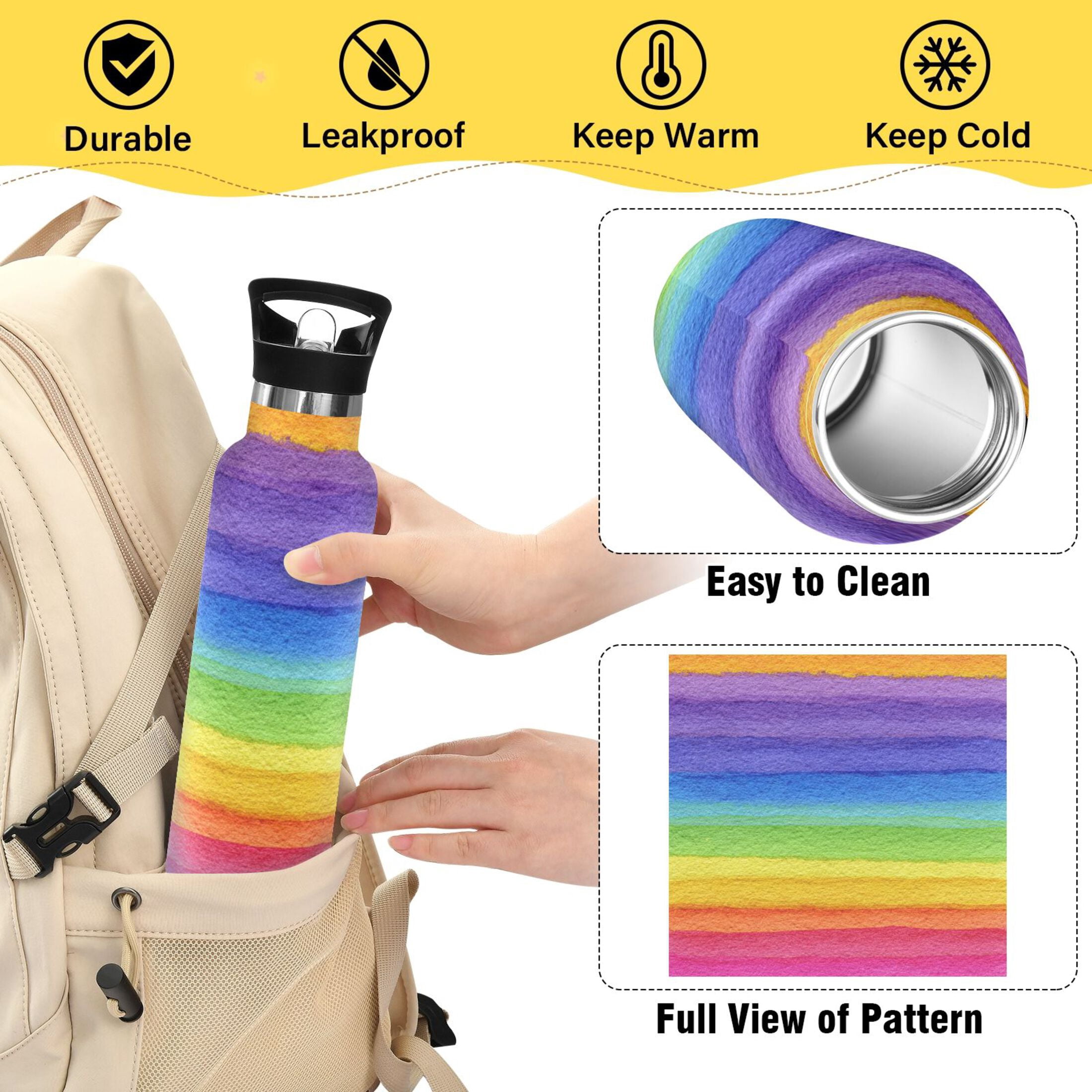 Kids Insulated Stainless Steel Sports Water Bottle 600ml (20oz) Watercolor Rainbow Colors