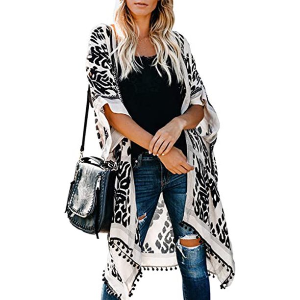Mujeres Beach Cover Up Kimono Trim Solid Chiffon Spring Tropical Pool Kimonos Duster Cardigan Tops Maternidad Tallas grandes Summer Print Traje de baño Traje de baño Lady Bikini Casual Loose Coverups PXYMOER cárdigan