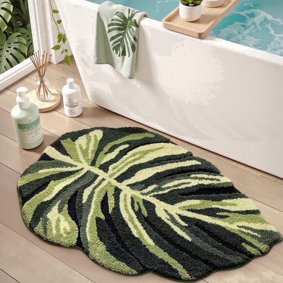 FRABE Cute Bathroom Rugs with Green Dark Monstera Leaf Plant, Soft Fluffy Plush, Absorbent Non Slip Bath Mat, Machine Washable,for Shower Floor,home, Bedroom, 32"x48"