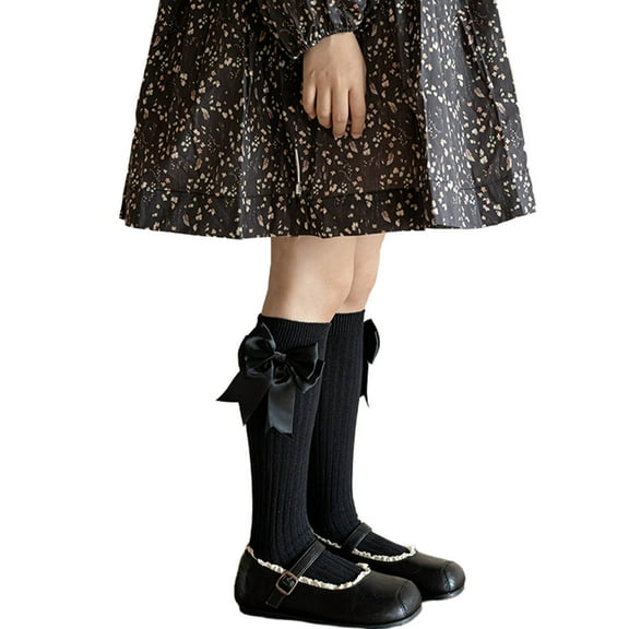 SYMOID Girls Mid Calf Socks - Black Knit Cotton with Satin Bow, Stretchy for 4-8 Years Old (140cm Height), Comfortable for Daily/School/Party Wear,Size 6-14T