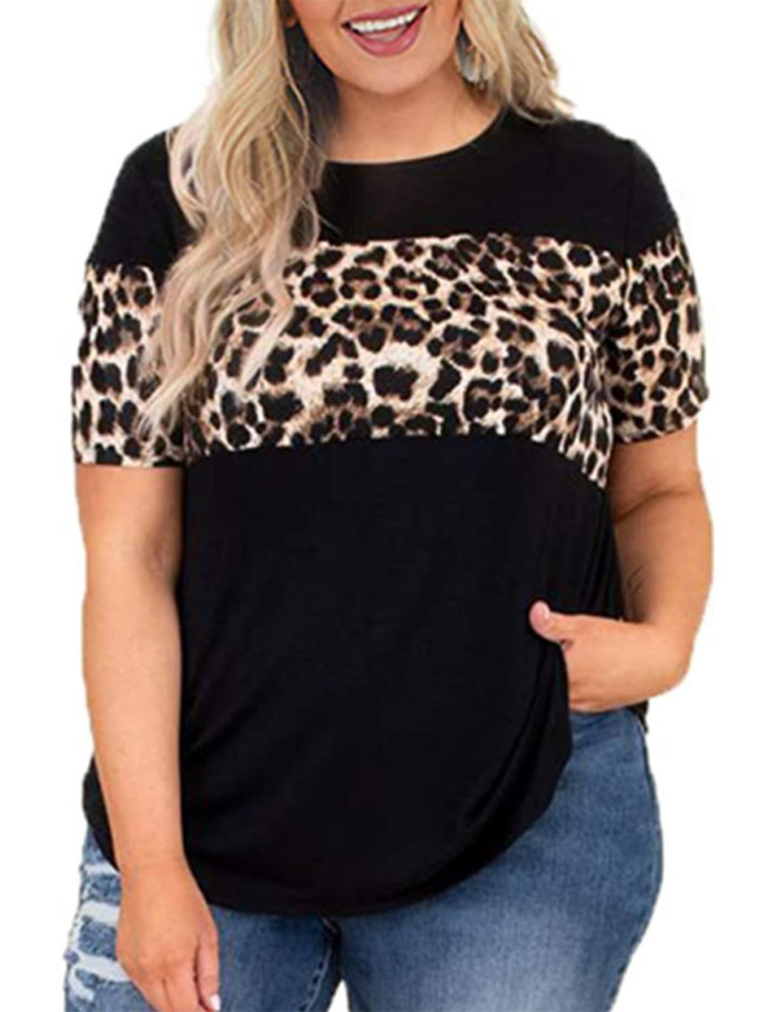 Womens Leopard Loose T-Shirt Blouse Ladies Casual Short Sleeve Tops Tee Oversize