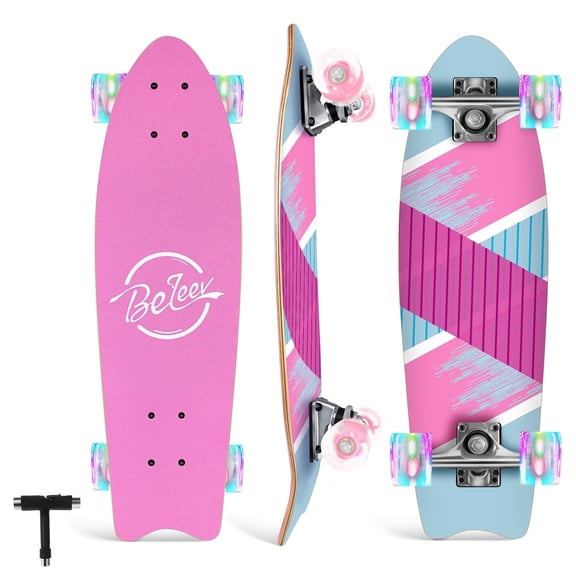 BELEEV Cruiser Skateboards for Kids and Adults, 7 Ply Canadian Maple Double Kick Concave Deck Skateboard with with Light Up Wheels, 27 x 8 inch Complete Longboard Skateboard for Beginners ,Girls