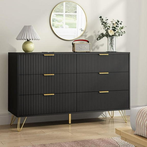 Black Dresser for Bedroom, 6 Drawers Wood Dresser with Golden Handle, Modern Wood Chest for Living Room, Hallway, Entryway