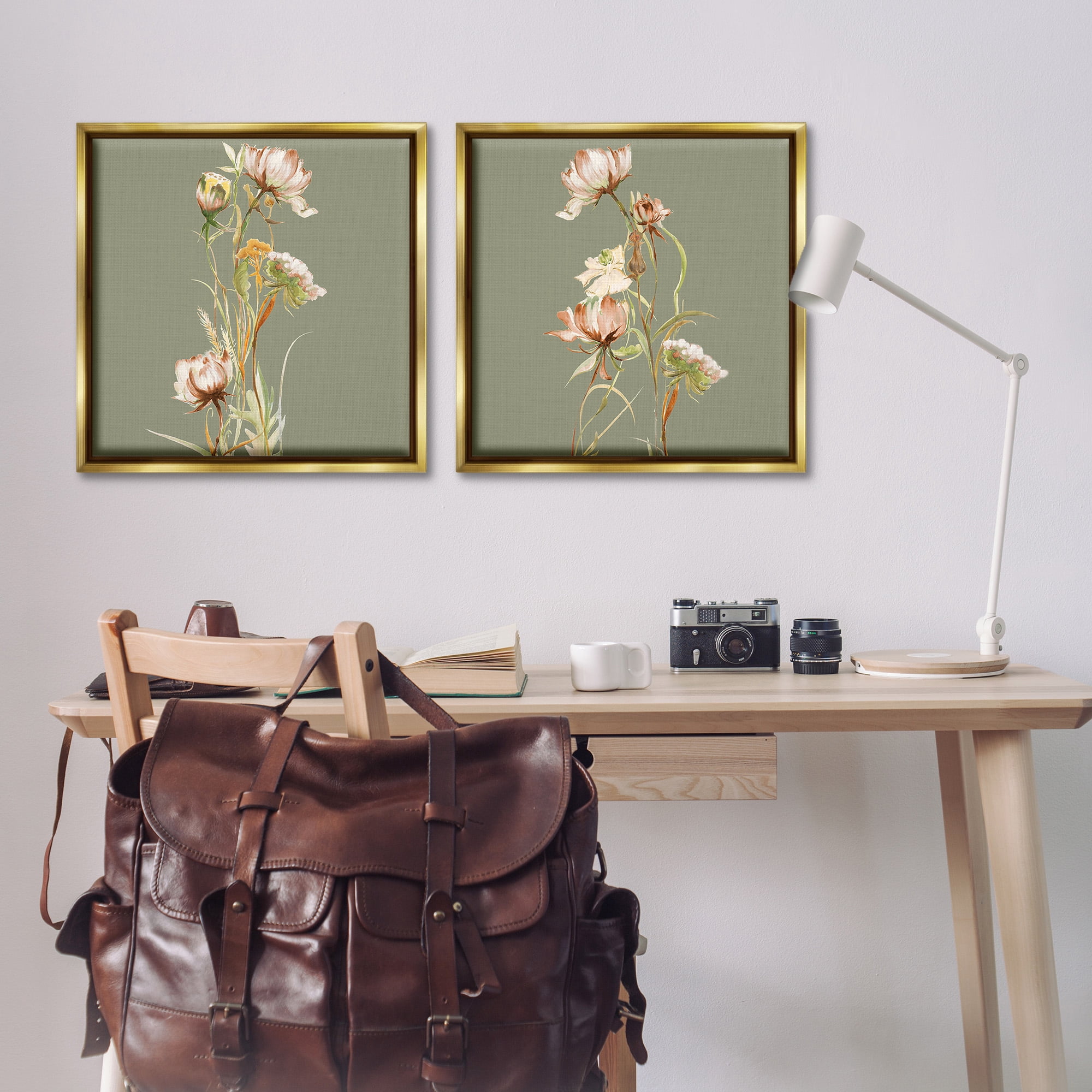 Stupell Industries Classic Blooms on Green Botanical & Floral Painting Gold Floater Framed Canvas Art Print Wall Art, 25 x 25, Set of 2