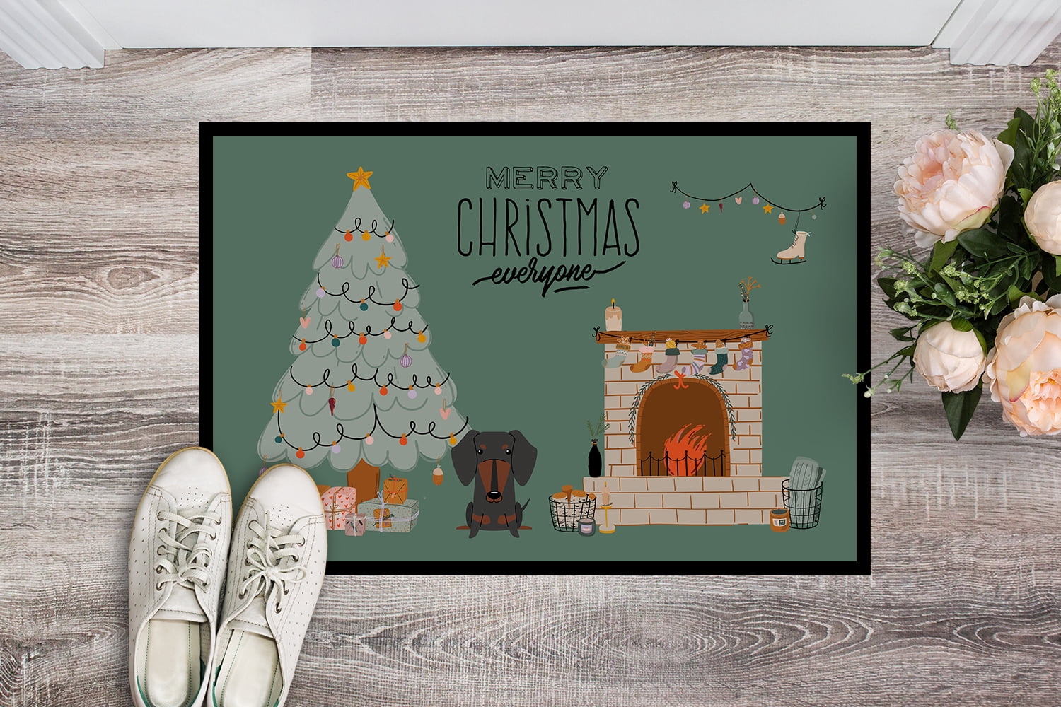 Black Tan Dachshund Christmas Everyone Door Mat