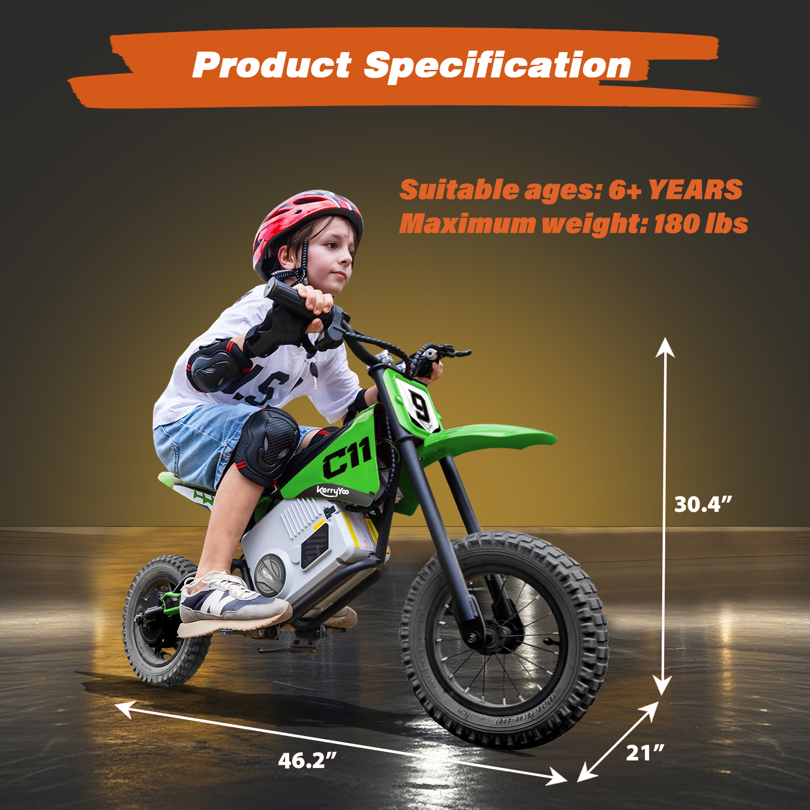 Electric Dirt Bike for Kids 6+, 24V Motorcycle, Electric Motorbike, 5-10 mph, High/Low Speeds-Green