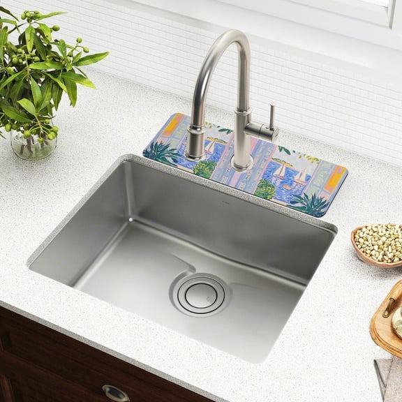 Yayeee Faucet Mat for Kitchen Sink 14.7" Diatomite Long Splash Guard Pad, Seaside Boat