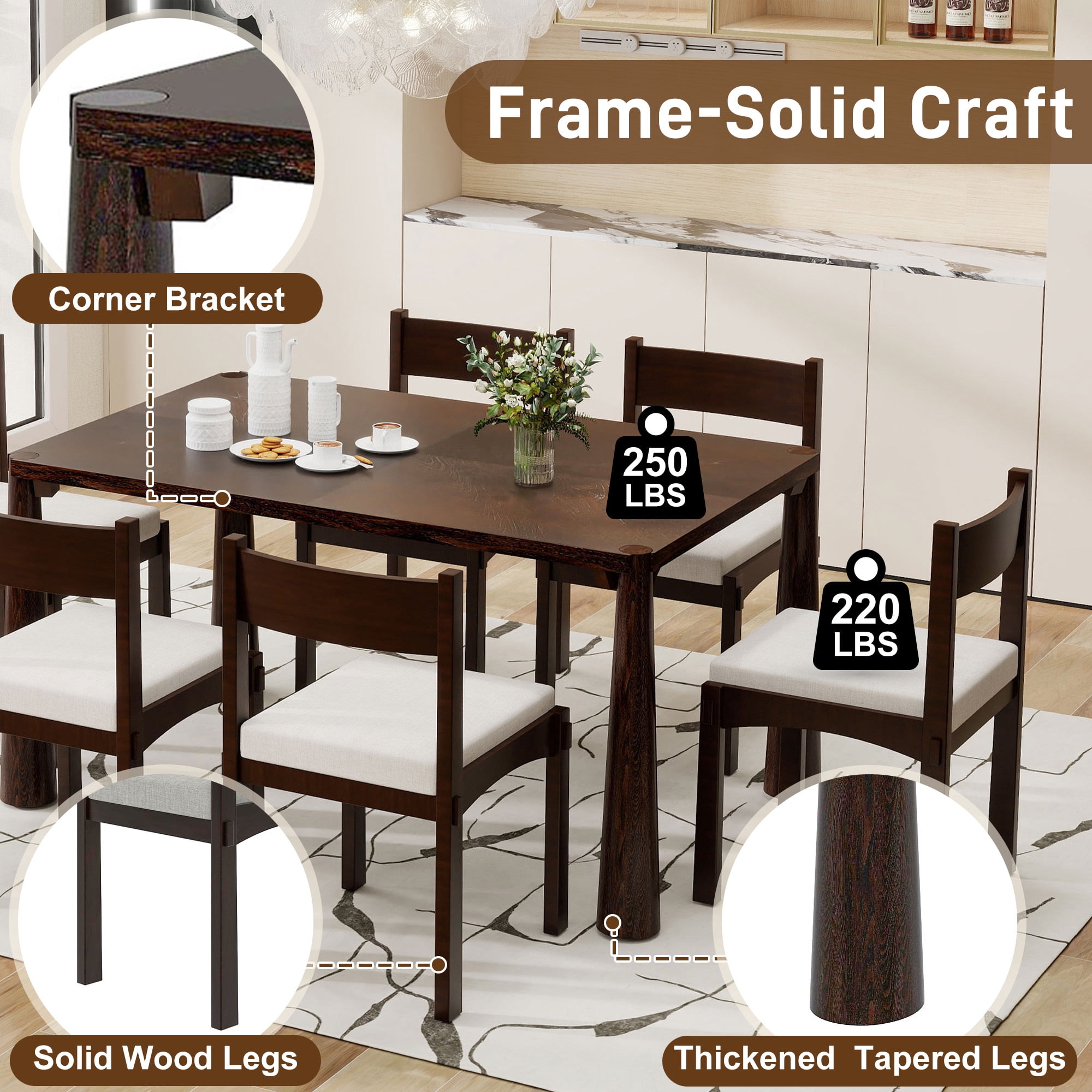 Euroco 7-Piece Farmhouse Dining Table Set with 6 Chairs,59.8" Kitchen Table & Chairs Set with Solid Wood Frame for 6,Perfect for Small Space,Espresso