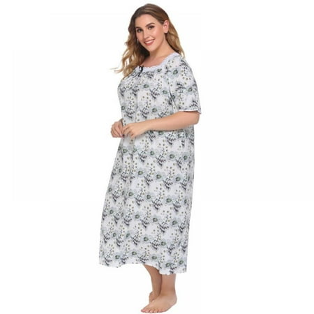 

Womens Round Neck Ultra-Light Plus-sized Nightgowns Printed Oversized Casual Loose Short Sleeve Long Sleep Dress XL-4XL