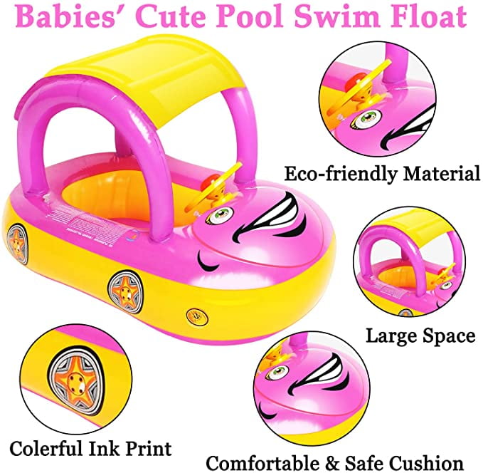 Fit 3-36 Months, Maximum 44lb Baby Swim Float with Canopy Car Shaped Inflatable Swimming Ring Boat with Sunshade for Boys Girls Toddler Infant Float for Pool Floating Cute Boat Summer Outdoor Play 