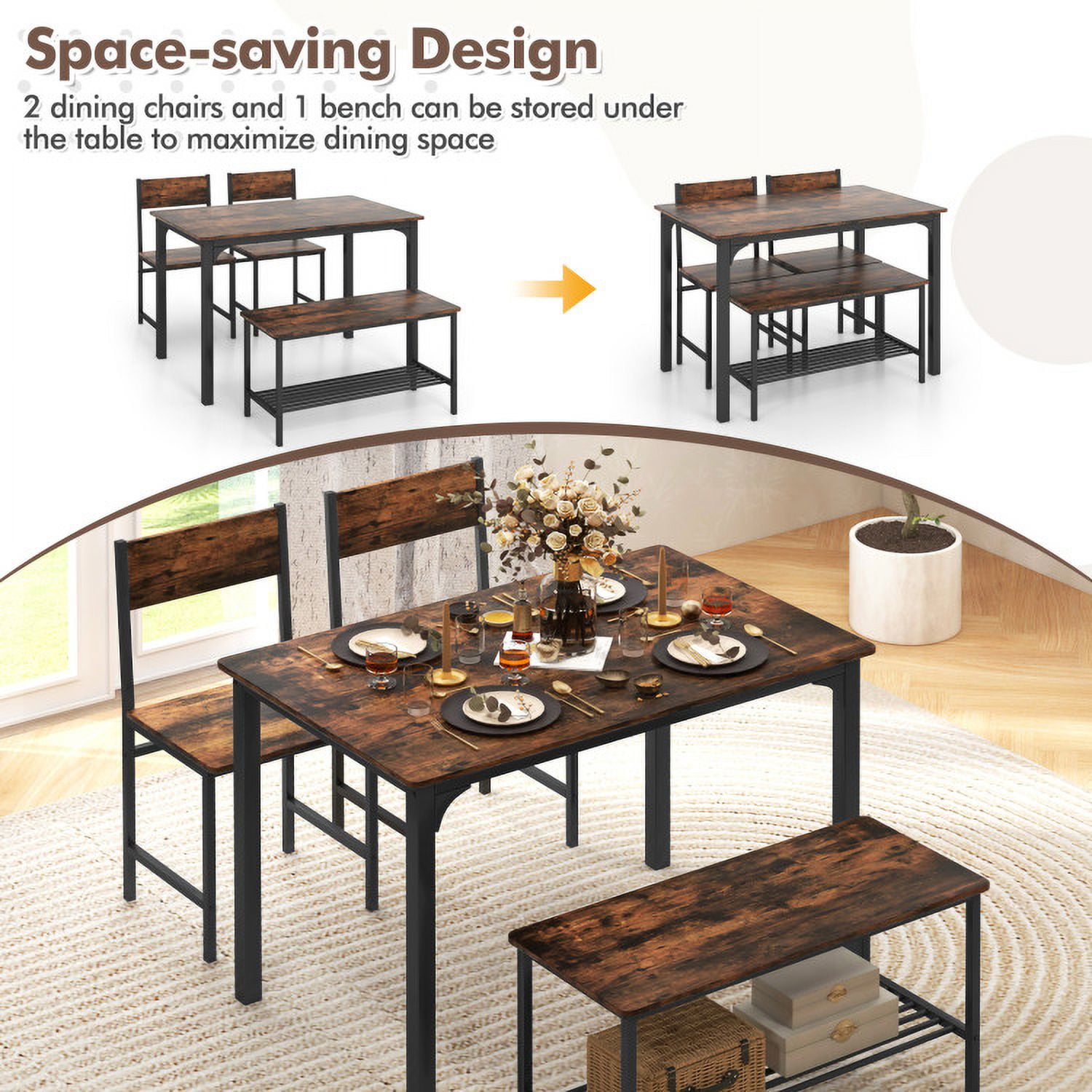 Finihen Dining Set, Dining Table Set, 4 Pieces Rustic Dining Table Set with 2 Chairs and Bench, for Home, Restaurant, Rustic Brown Finihen Dining Set, Dining Table Set, 4 Pieces Rustic Dining Table Set with 2 Chairs and Bench, for Home, Restaurant, Rustic Brown