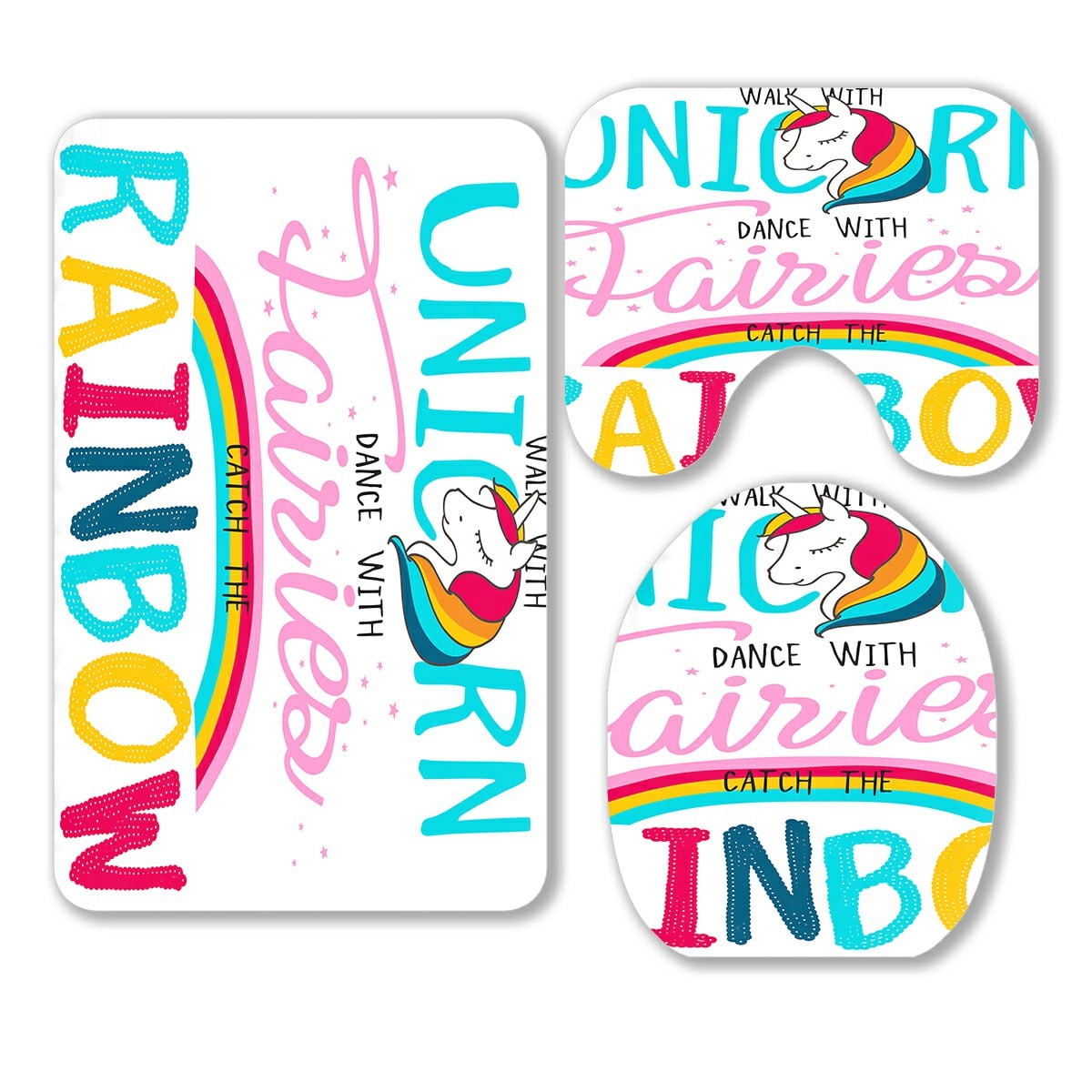 ABPHQTO Cute Magical Unicorns Sweet Kids Graphics 3 Piece Bathroom Rugs Set Bath Rug Contour Mat and Toilet Lid Cover