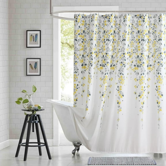 Fabric Floral Shower Curtain, Orange and Gray Weeping Flower Shower Curtains for Bathroom, Modern White Bathroom Curtains, 84" W x 84" H