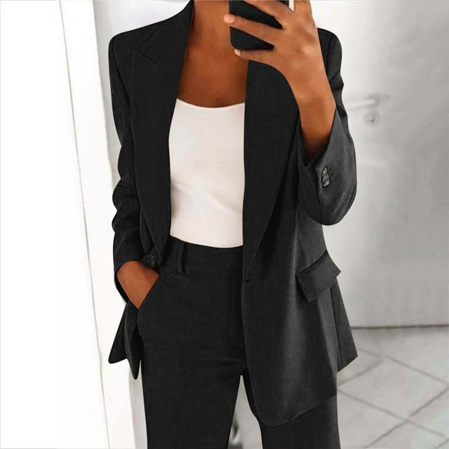 Soki Ensemble Blazer 2 Pcs pour Femmes Bouton devant Manches Longues Blazer et Pantalon Ensemble de Costume de Bureau Solide