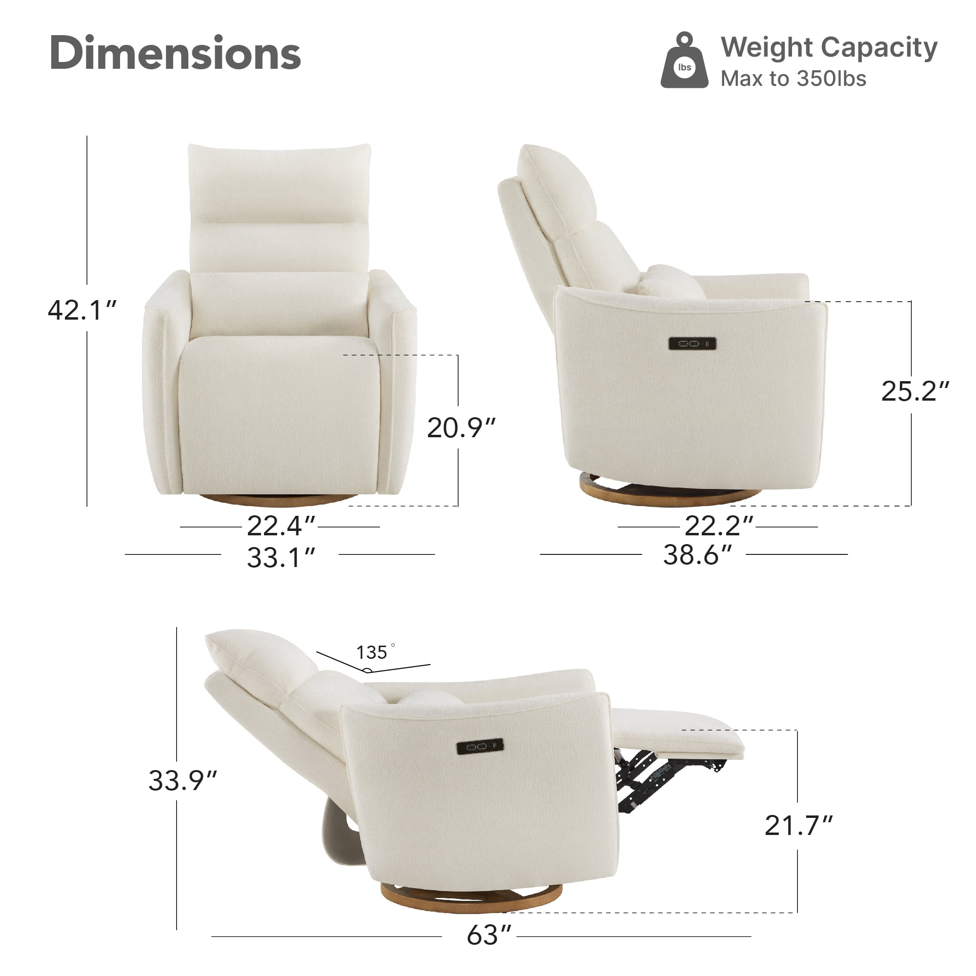 Spruce & Spring Dual-Motor Power Swivel Recliner with Lumbar Pillow for Nursery & Living Room, Cream