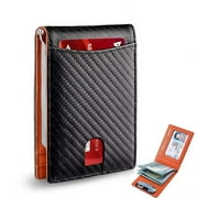 Hongan Slim Wallets for Men - Leather Money Clip RFID Blocking Bifold Wallet -（Carbon Black&Orange）