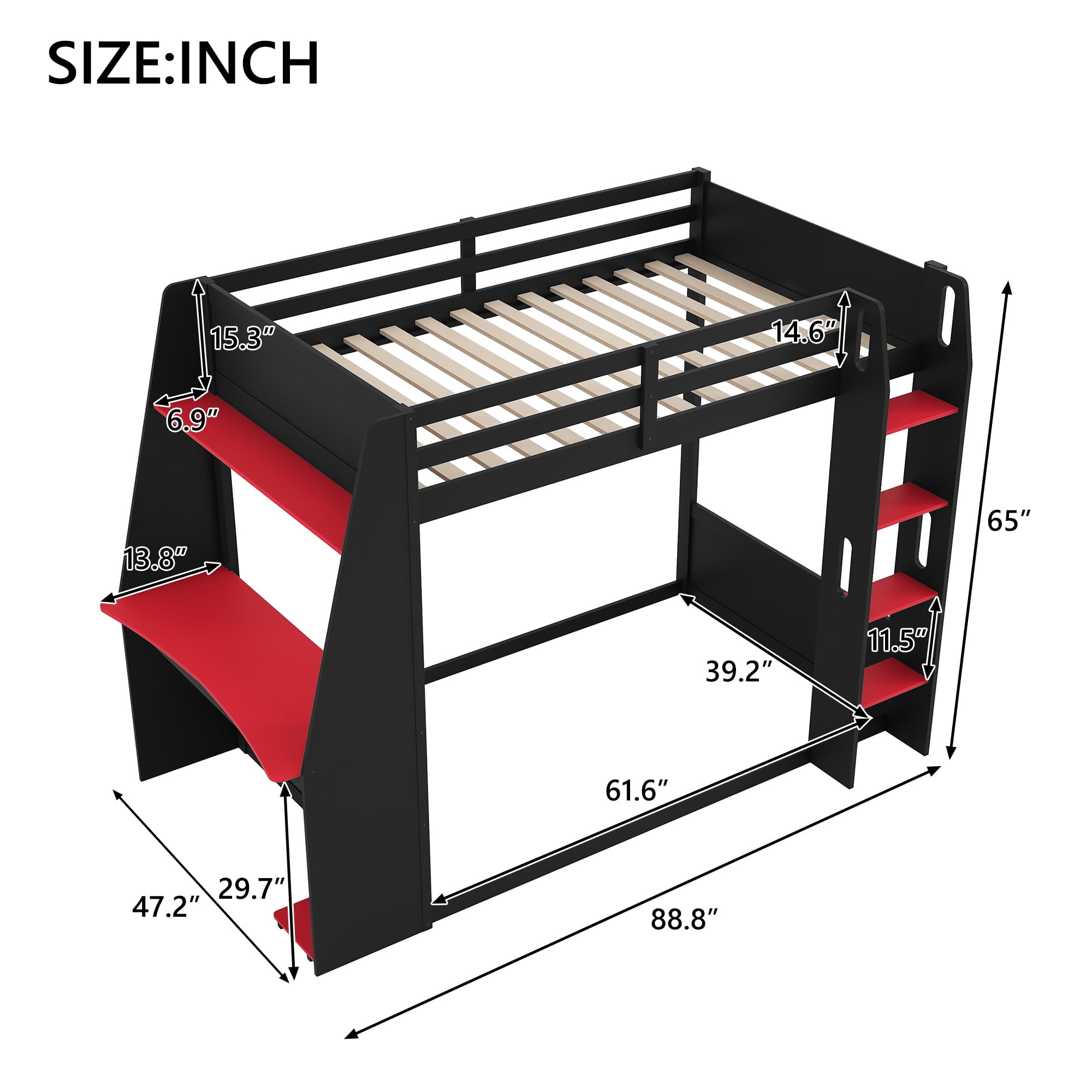 Euroco Wood Twin Size Bunk Bed with Desk and Shelves, Gaming Bed with LED Light and USB Charging, Red