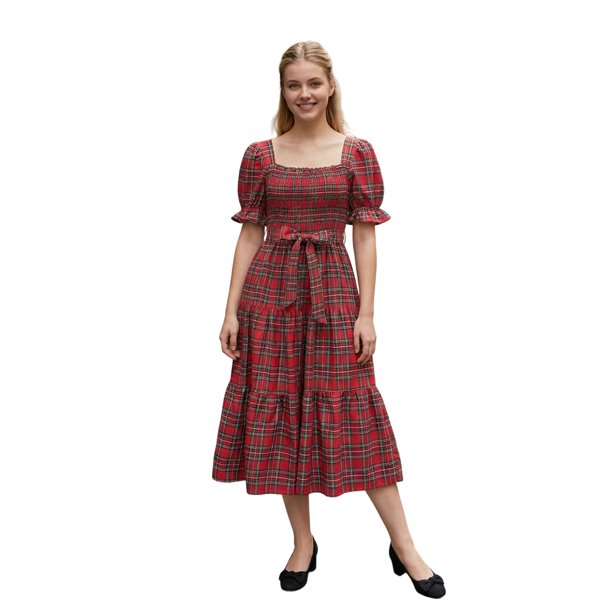 Vestido de mujer de otoño con estampado a cuadros, mangas abullonadas, escote cuadrado, corpiño ajustado y corte en A fluido.