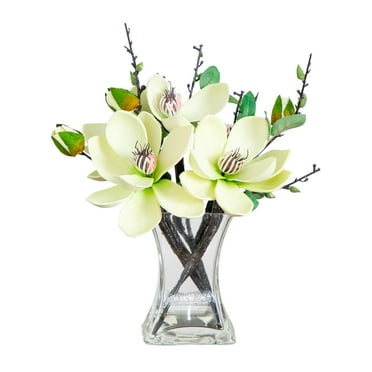 Nearly Natural Magnolia Artificial Flower Arrangement with Vase, White
