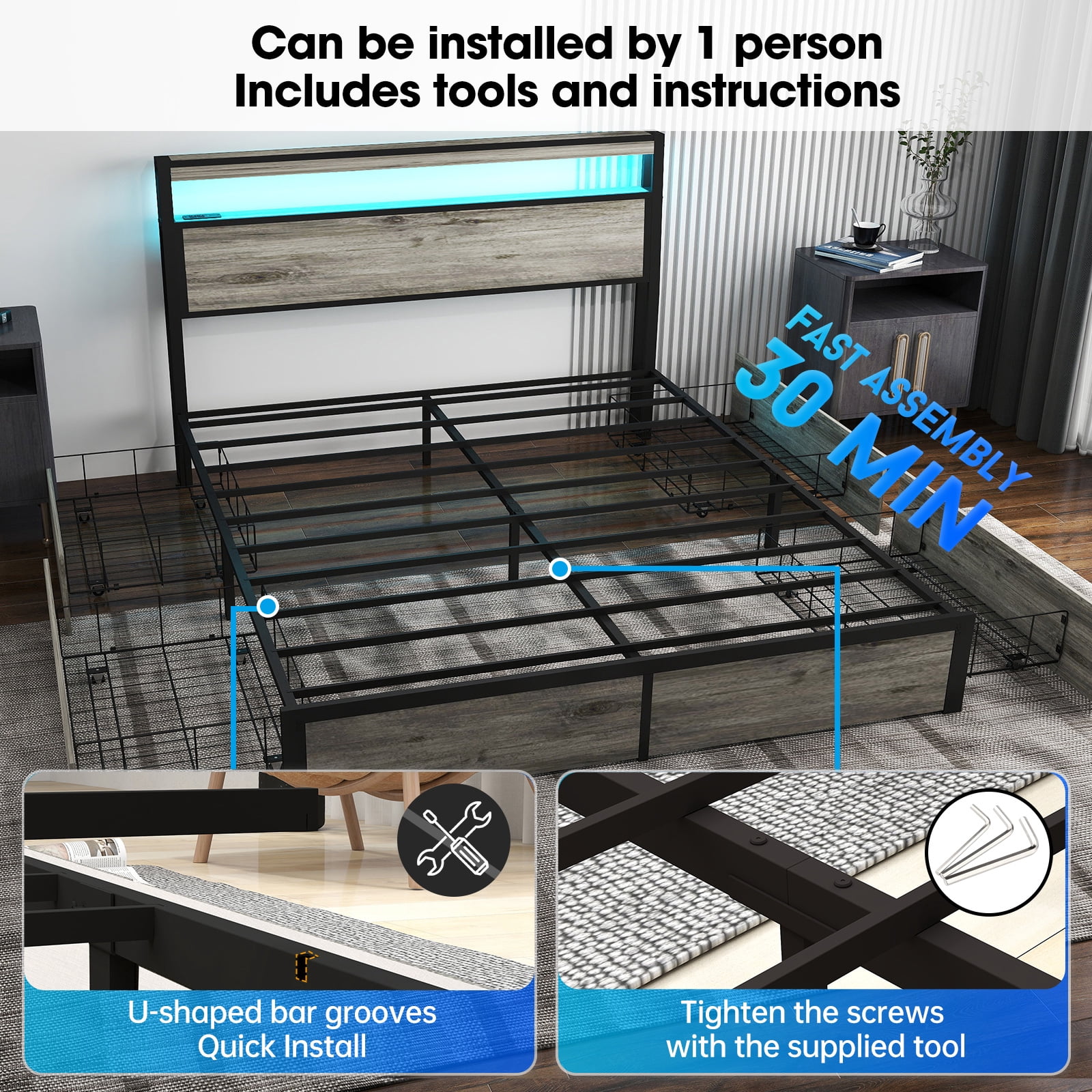 DRNANLIT Full Size Bed Frame with Storage Headboard, Metal Platform King Bed Frame Wood with 4 Drawers, LED Light, Charging Station, No Box Spring Needed, Noise Free,Grey