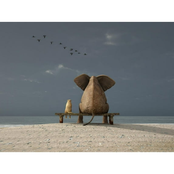 Wallmonkeys Elephant and Dog Sit on a Beach Peel and Stick Wall Decals Mural WM190889 (18 in W x 14 in H)