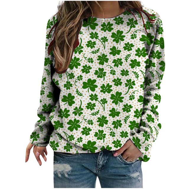 Pompotops Chandail en Molleton Classique à Manches Longues Col Rond Imprimé St. Patrick pour Femmes en Solde
