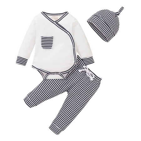 

Toddler Baby Boys Girls Long Sleeve Romper Bodysuit+Striped Pants Hat Outfits