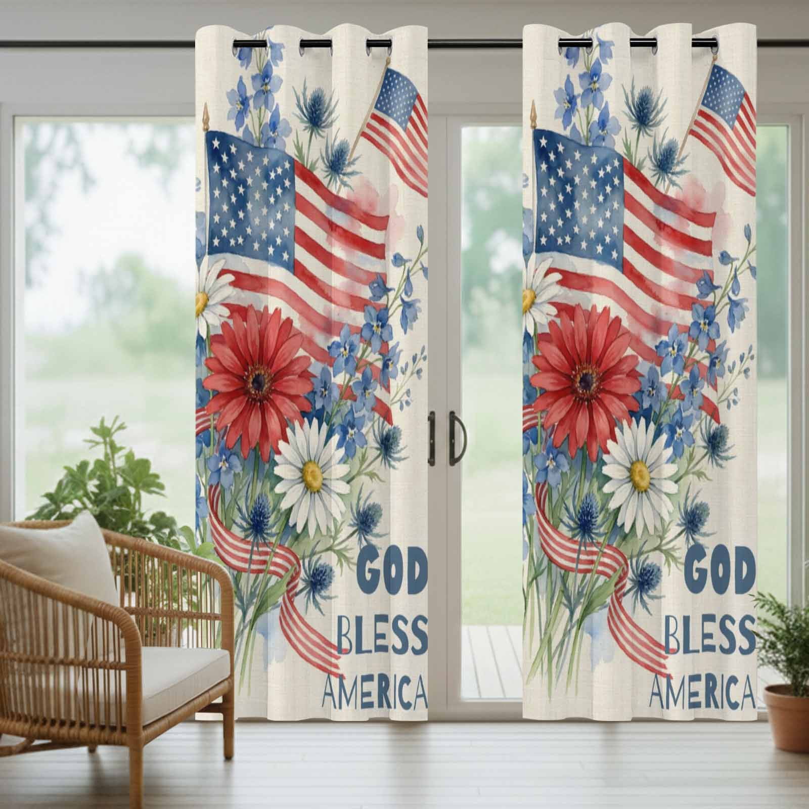 Independence Day Outdoor Curtains for Patio, Vintage American Flag Watercolor Red White Daisy God Bless Sunshade Privacy Drapes Grommet Waterproof Outside Curtains for Porch Balcony 54"x108", 1 Panel
