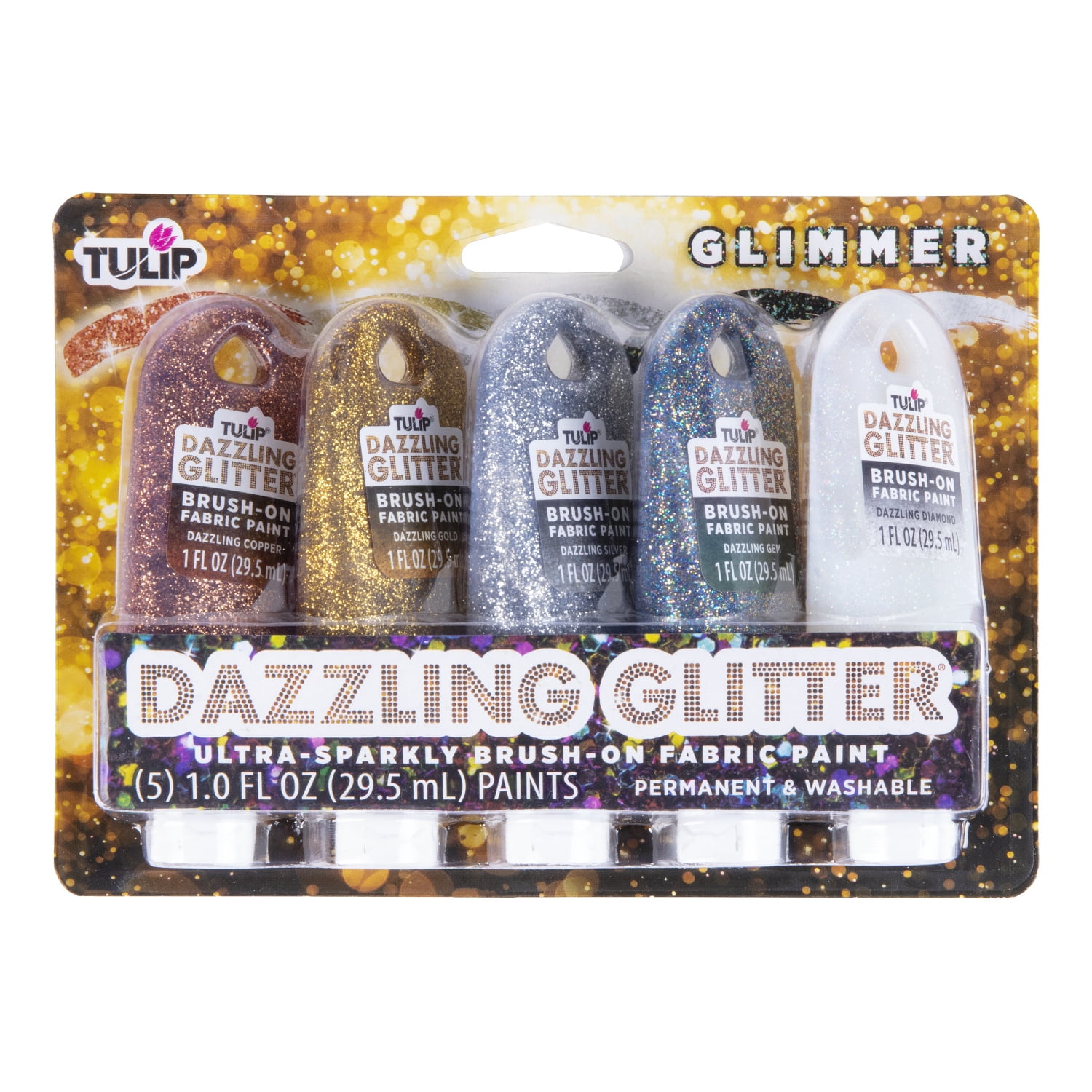 Tulip Dazzling Glitter Brush-On Fabric Paint 1oz 5 Pack Glimmer