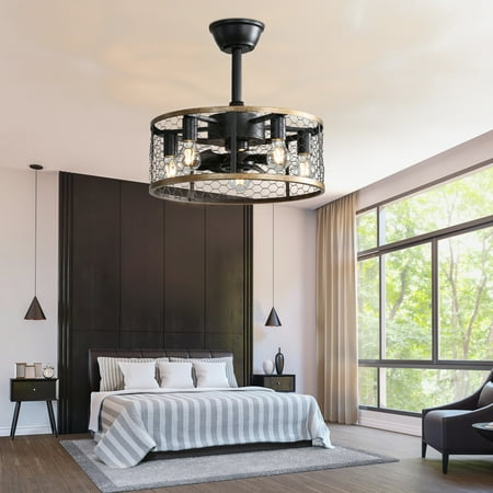 

Sofucor 20 Modern Caged Bladeless Ceiling Fan with Quiet DC Motor 6 Speed Settings with Remote Control E26 bulbs×5 Black