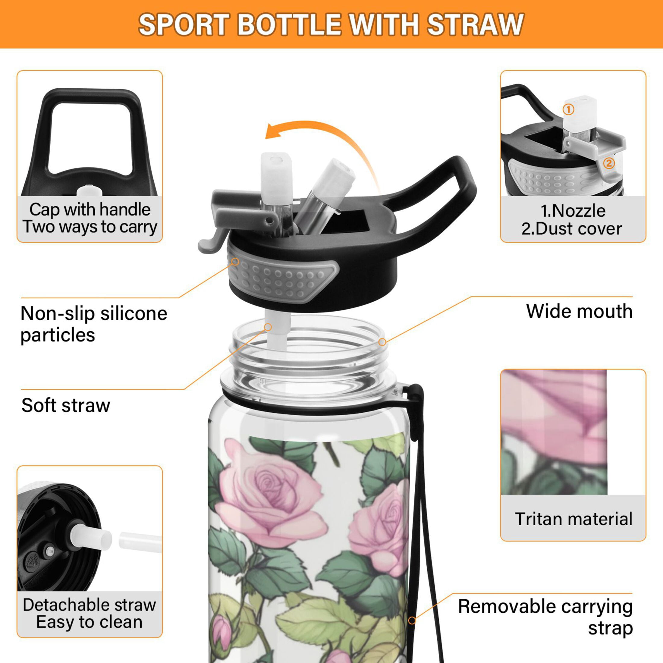 Qxltty Pink Roses Water Bottle 32 oz with Straw BPA Free Reusable Fitness Sport Bottle Perfect for Travel School Outdoors and Gym