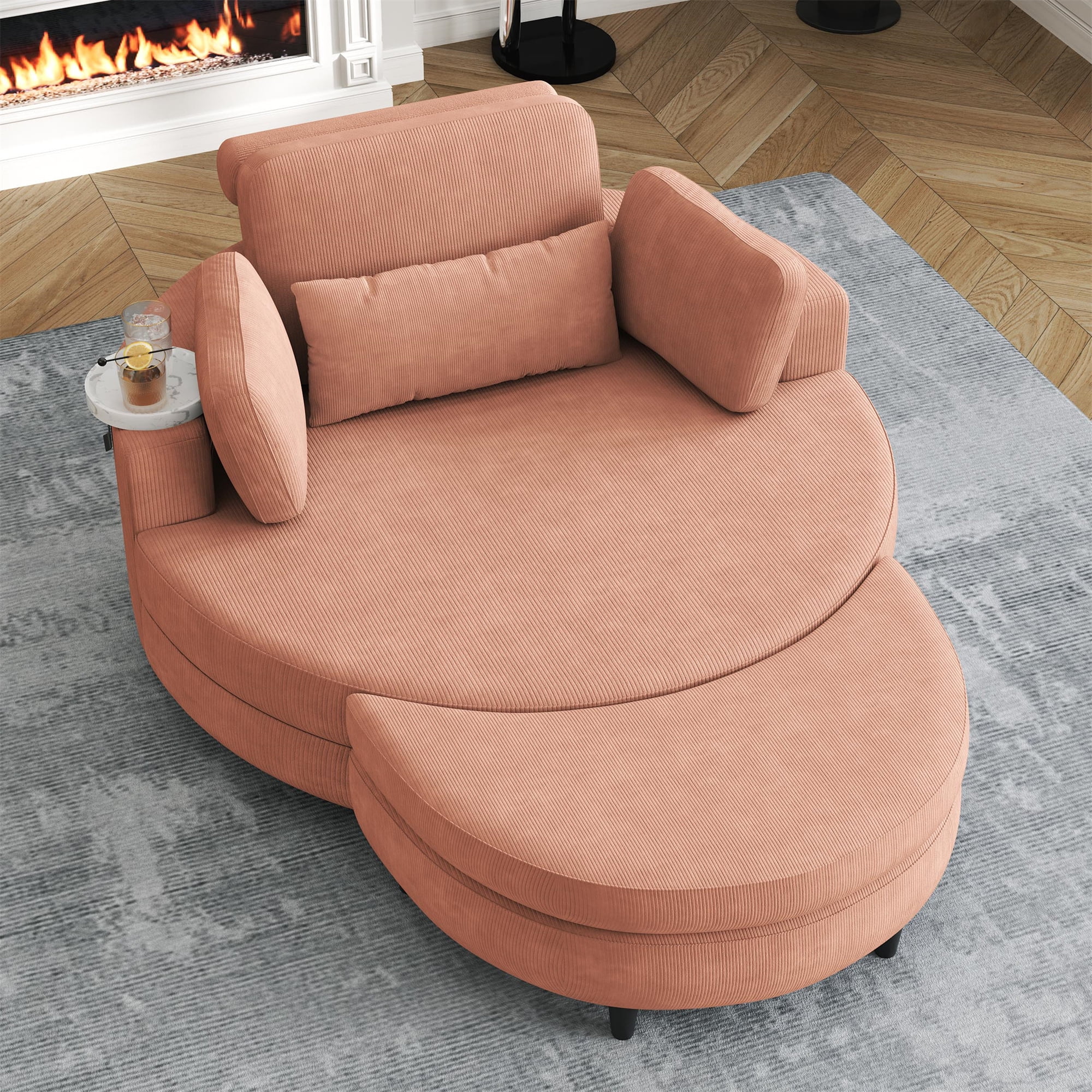 Aukfa 51" Oversized Accent Chair with Ottoman Set, Living Room Barrel Chair Corduroy Chaise, Orange