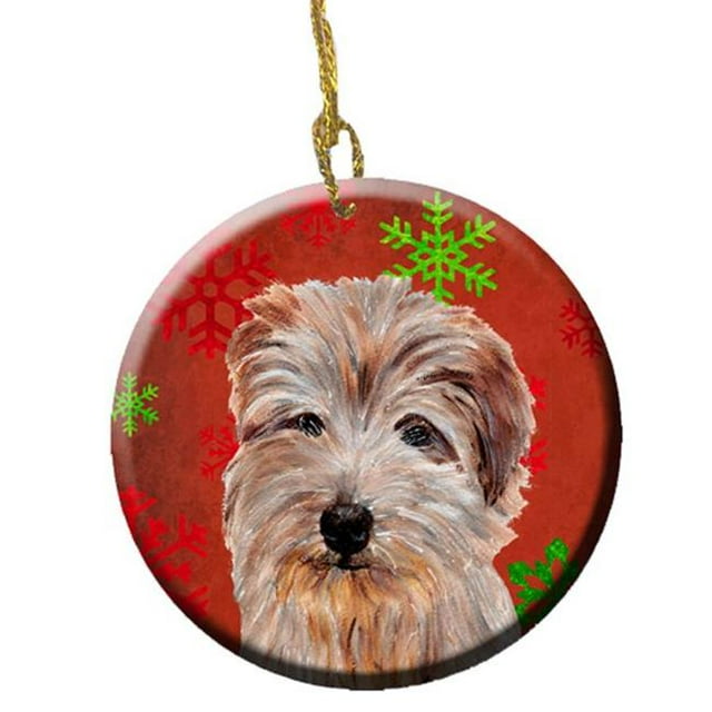 Norfolk Terrier Flocons de Neige Rouges Ornement en Céramique de Vacances
