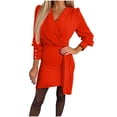 thumbnail image 2 of Fankiway Liquidation Robes à Manches Longues Mode Automne Femmes Couleur Unie Fermeture Éclair Bouton Manches Longues Col en V Robe Genou Robes Femmes Grande Taille Liquidation, 2 of 9