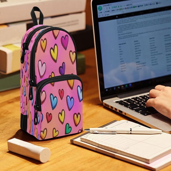 Backpack Pencil Case, 3 Compartment Large Capacity Oxford Fabric Pencil Pouch / Rainbow Heart Seamless Print