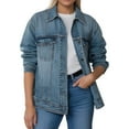thumbnail image 3 of QATAINLAV Jean Jacket for Women Distressed Long Sleeve Button Lapel Denim Trucker Jackets Solid Casual Streetwear Light Blue L, 3 of 9