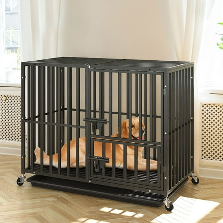 SAEWUD Heavy Duty Indestructible Dog Crate, 37 inch Escape Proof Dog Cage Kennel with Lockable Wheels, High Anxiety Dog Crate, Large Crate Indoor for Small Dog with Removable Tray Black