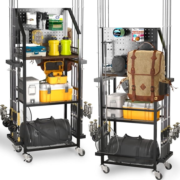 Fishing Rod Rolling Cart Holder with Pegboard and Hooks, Wheels, Up to 12 Rod Capacity