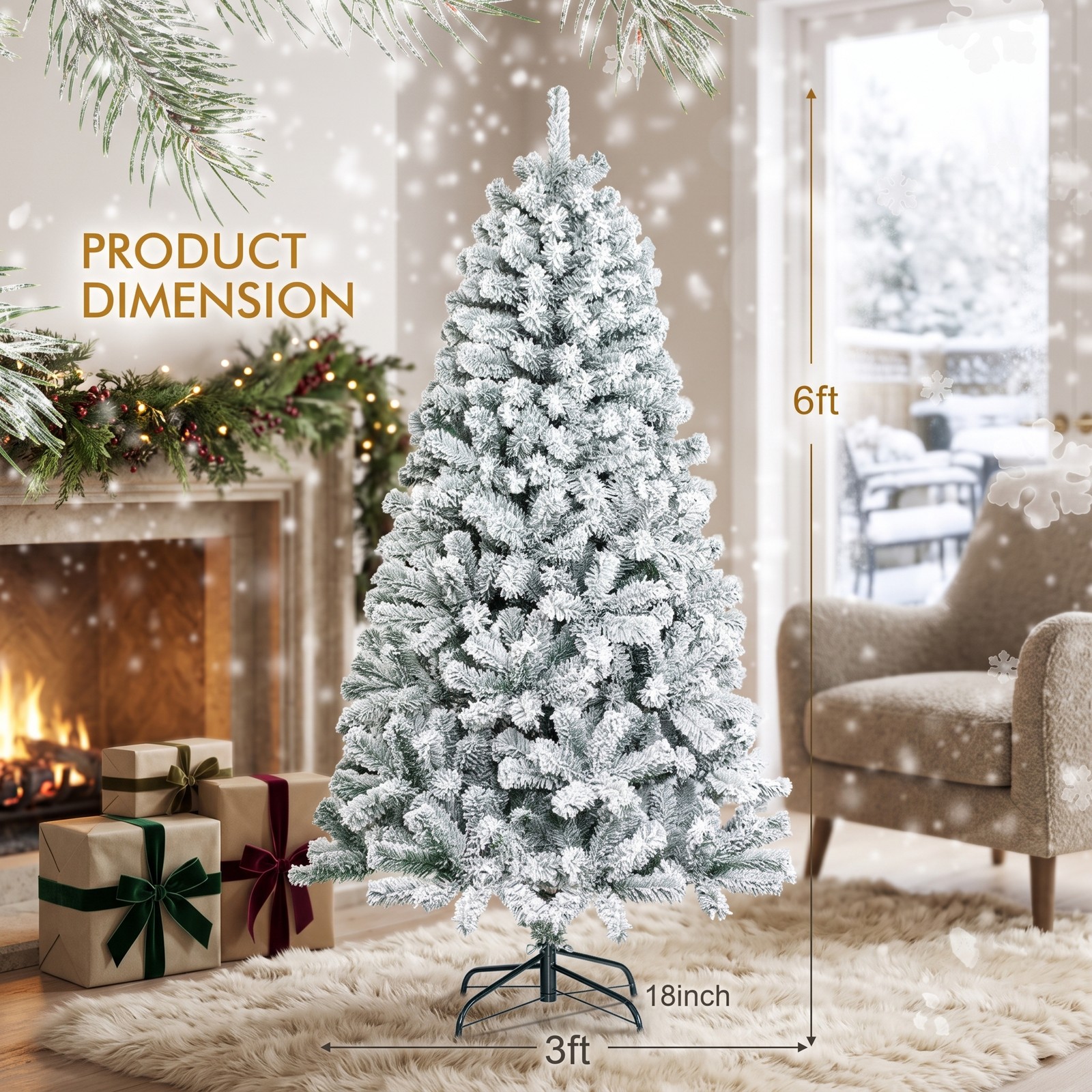 RUIE 6 FT Artificial Christmas Tree, Snow Flocked Hinged Full Xmas Tree with Metal Stand, 600 Branch Tips PVC Holiday Tree for Home Apartment Party Indoor, White
