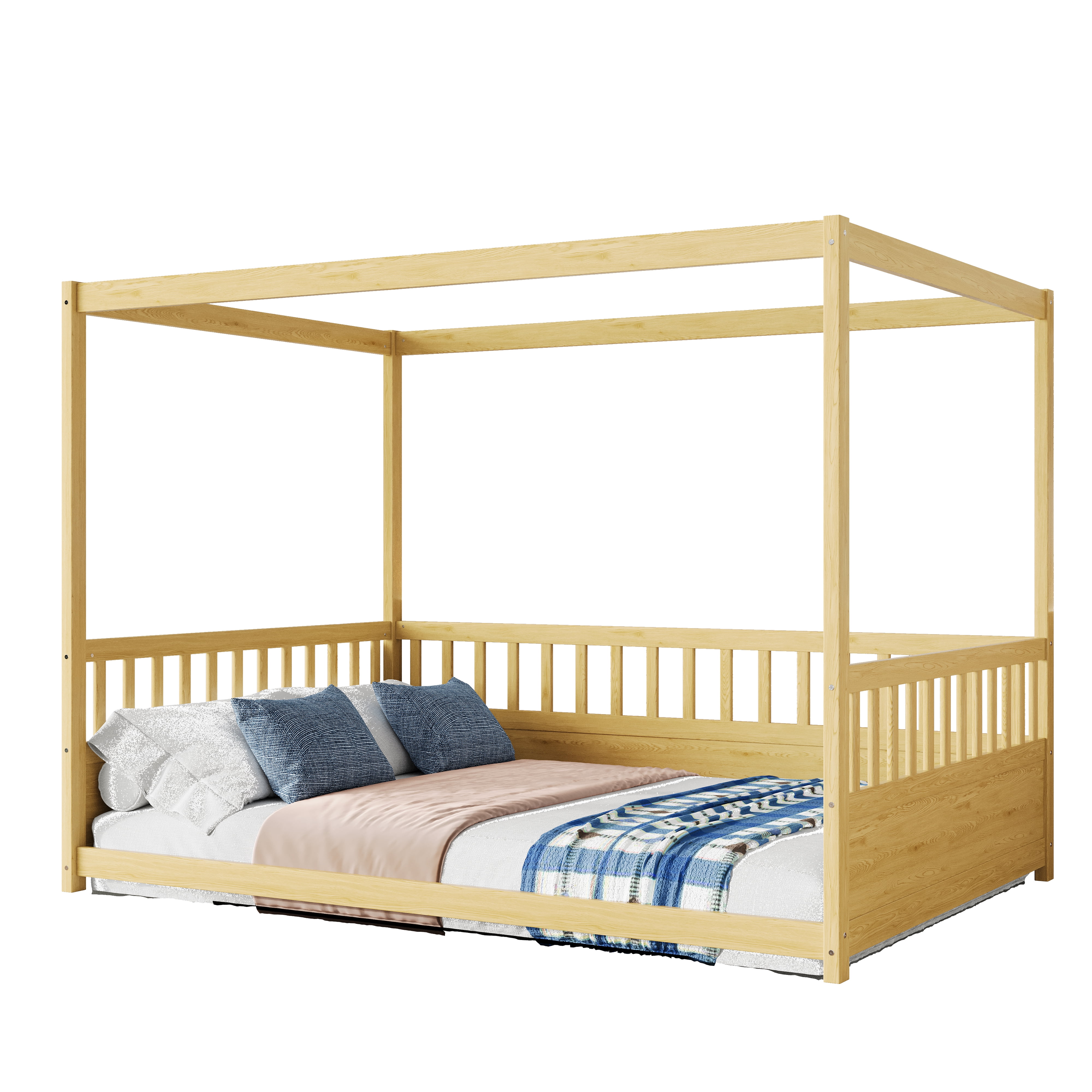 Canopy Bed Frame with Guardrails for Kids, Full Size Floor Bed with Four Poster Design, Natural Pine Wood Montessori Bed, Low Profile Floor Bed with 21.45-Inch Guardrail