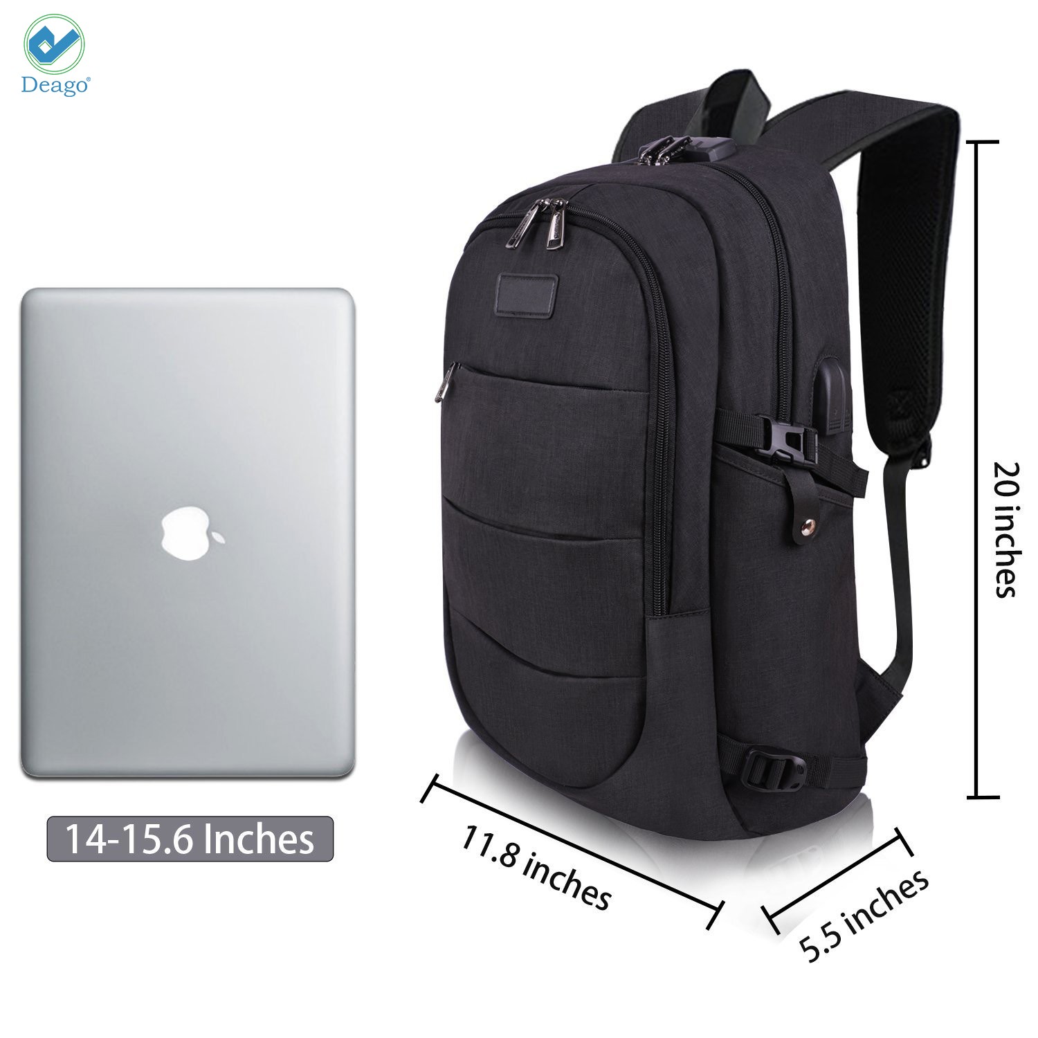Deago Laptop Backpack, Business Anti Theft with lock Waterproof Travel Backpack with USB Charging Port for Laptops up to 17 inches (Black) - image 3 of 9