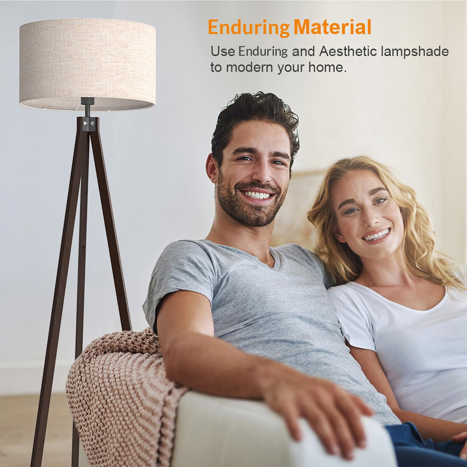 Wood Tripod Floor Lamp, Mid Century Standing Lamp, Modern Design Studying Light for Living Room, Bedroom, Study Room and Office, Flaxen Linen Shade with E26 Base Brown